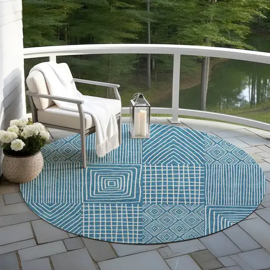 8' Teal Blue And Ivory Round Geometric Washable Indoor Outdoor Area Rug Photo 7