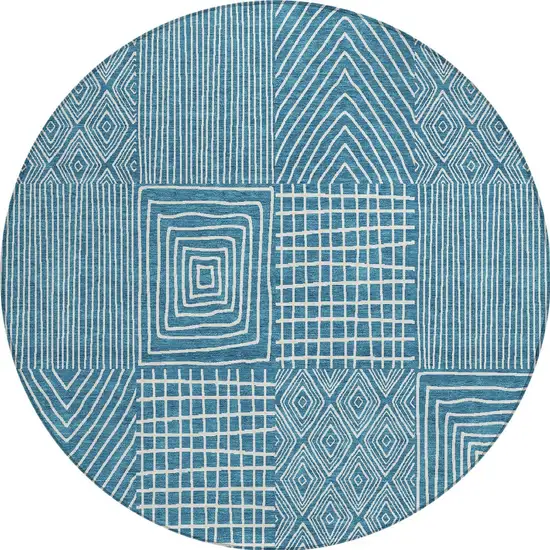 8' Teal Blue And Ivory Round Geometric Washable Indoor Outdoor Area Rug Photo 6
