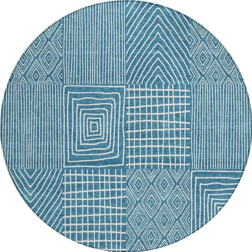 8' Teal Blue And Ivory Round Geometric Washable Indoor Outdoor Area Rug Photo 6