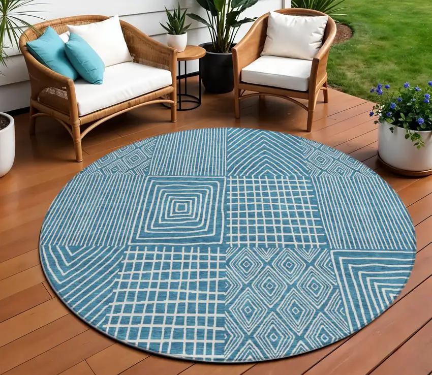 8' Teal Blue And Ivory Round Geometric Washable Indoor Outdoor Area Rug Photo 1