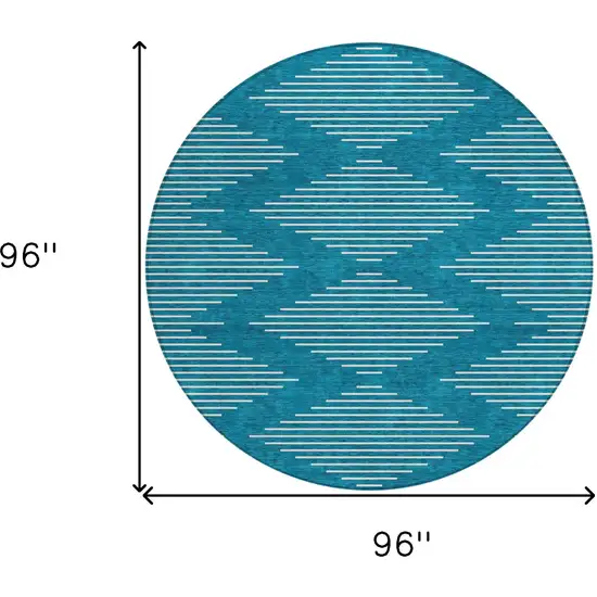 8' Teal Blue And Ivory Round Geometric Washable Indoor Outdoor Area Rug Photo 3