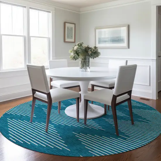 8' Teal Blue And Ivory Round Geometric Washable Indoor Outdoor Area Rug Photo 8