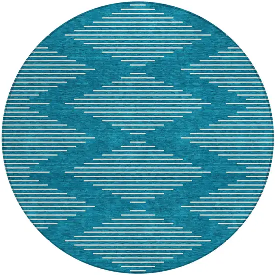 8' Teal Blue And Ivory Round Geometric Washable Indoor Outdoor Area Rug Photo 2