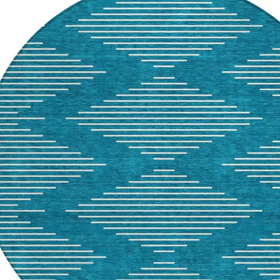 8' Teal Blue And Ivory Round Geometric Washable Indoor Outdoor Area Rug Photo 5