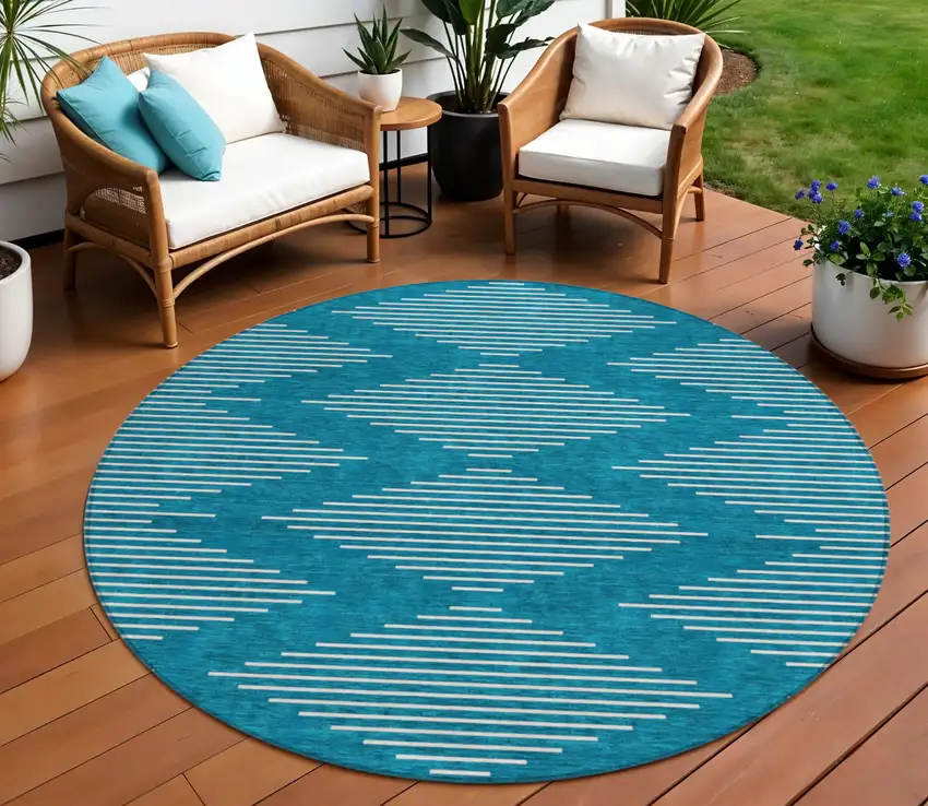 8' Teal Blue And Ivory Round Geometric Washable Indoor Outdoor Area Rug Photo 1