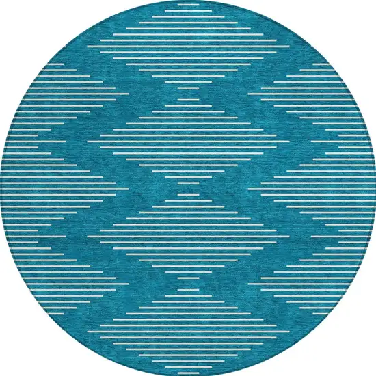 8' Teal Blue And Ivory Round Geometric Washable Indoor Outdoor Area Rug Photo 6