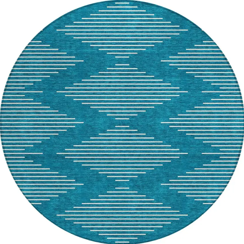8' Teal Blue And Ivory Round Geometric Washable Indoor Outdoor Area Rug Photo 6