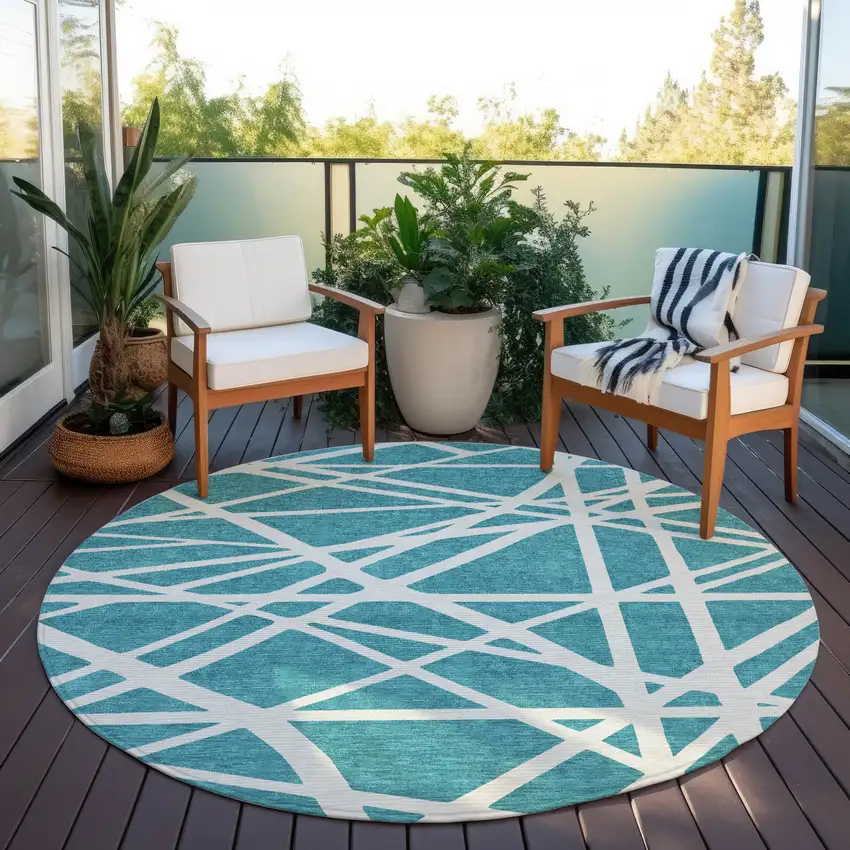 8' Teal Blue And Ivory Round Geometric Washable Indoor Outdoor Area Rug Photo 6