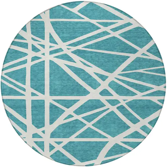 8' Teal Blue And Ivory Round Geometric Washable Indoor Outdoor Area Rug Photo 5