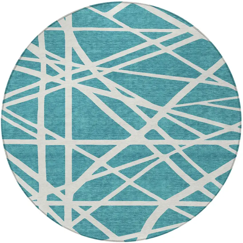 8' Teal Blue And Ivory Round Geometric Washable Indoor Outdoor Area Rug Photo 5