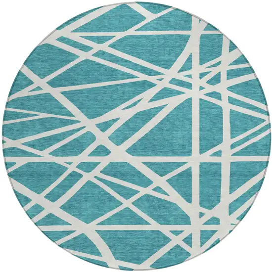 8' Teal Blue And Ivory Round Geometric Washable Indoor Outdoor Area Rug Photo 2