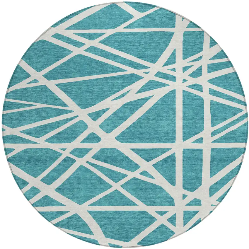 8' Teal Blue And Ivory Round Geometric Washable Indoor Outdoor Area Rug Photo 2