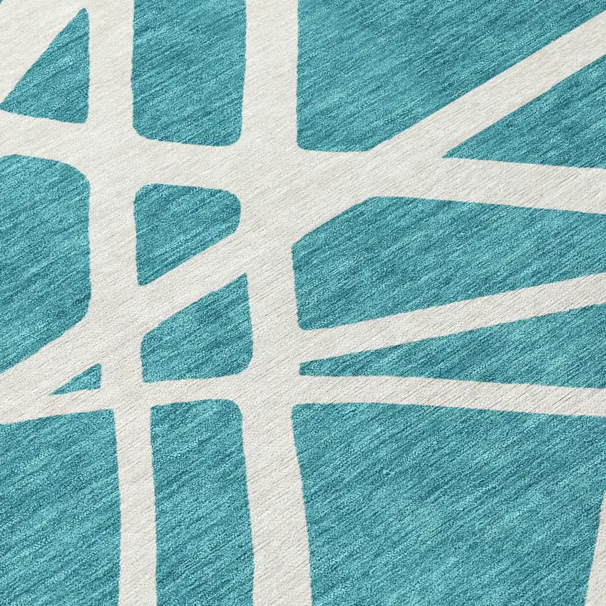 8' Teal Blue And Ivory Round Geometric Washable Indoor Outdoor Area Rug Photo 8