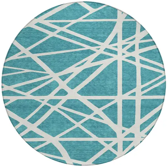 8' Teal Blue And Ivory Round Geometric Washable Indoor Outdoor Area Rug Photo 4