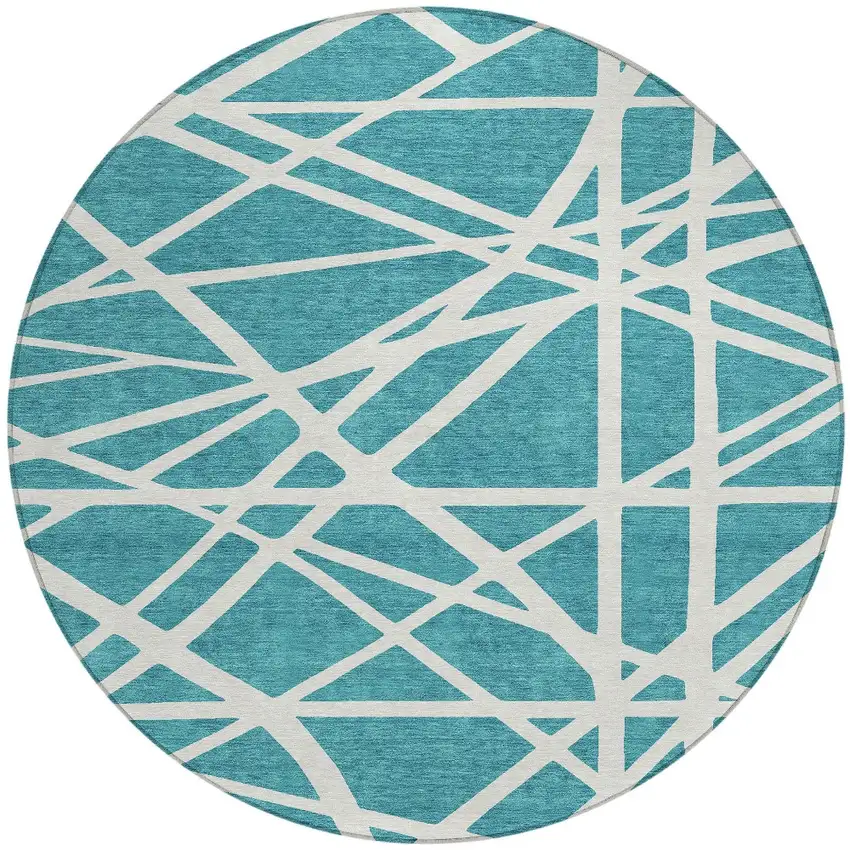 8' Teal Blue And Ivory Round Geometric Washable Indoor Outdoor Area Rug Photo 4