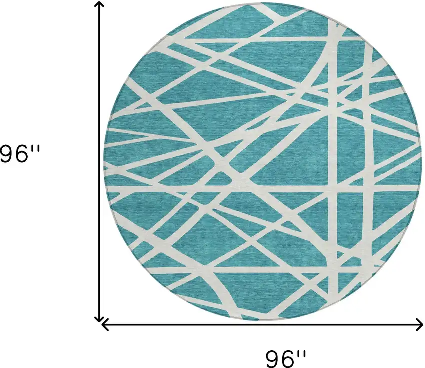 8' Teal Blue And Ivory Round Geometric Washable Indoor Outdoor Area Rug Photo 3