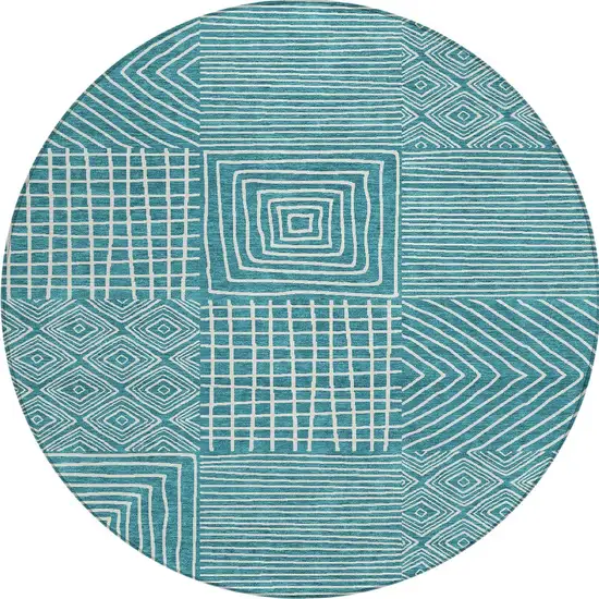 8' Teal Blue And Ivory Round Geometric Washable Indoor Outdoor Area Rug Photo 6