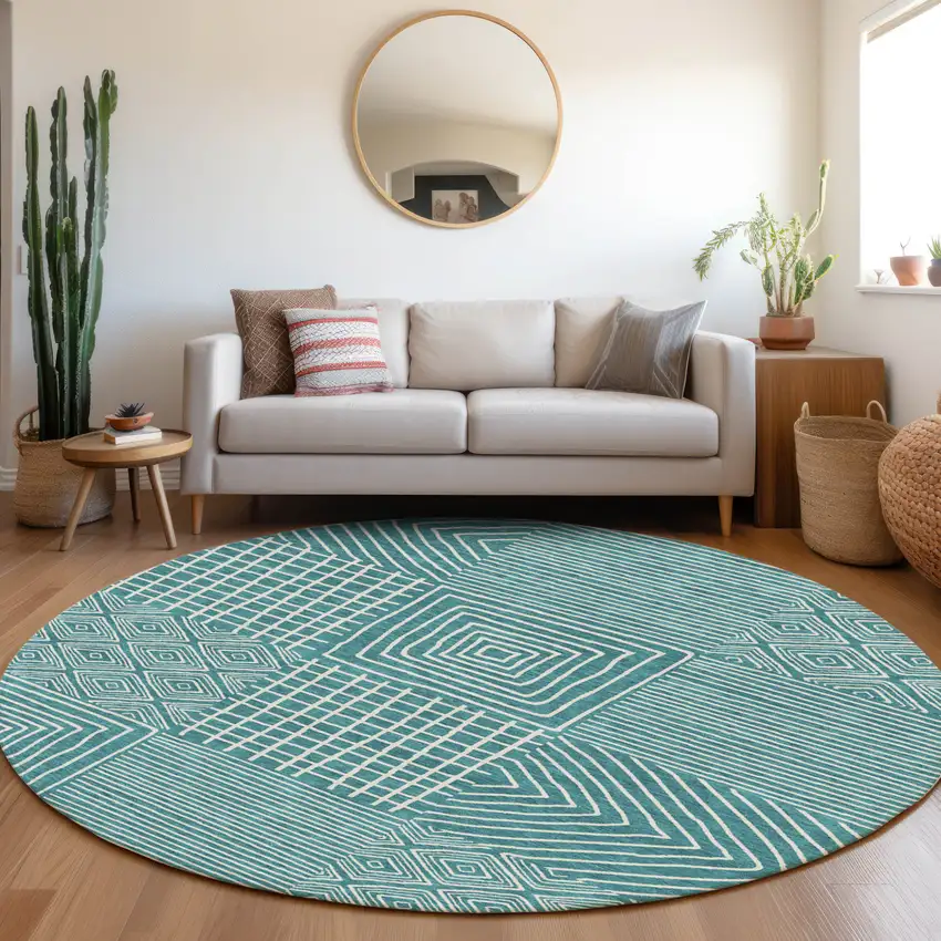 8' Teal Blue And Ivory Round Geometric Washable Indoor Outdoor Area Rug Photo 9