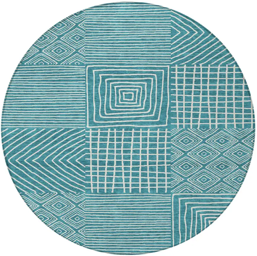8' Teal Blue And Ivory Round Geometric Washable Indoor Outdoor Area Rug Photo 7