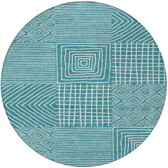 8' Teal Blue And Ivory Round Geometric Washable Indoor Outdoor Area Rug Photo 7