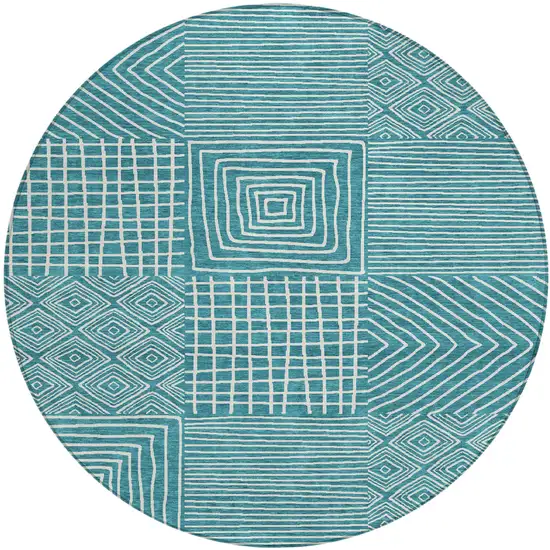 8' Teal Blue And Ivory Round Geometric Washable Indoor Outdoor Area Rug Photo 2