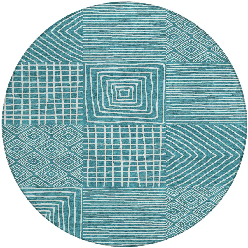 8' Teal Blue And Ivory Round Geometric Washable Indoor Outdoor Area Rug Photo 2