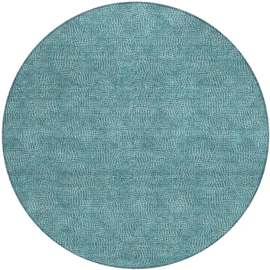 8' Teal Blue And Ivory Round Geometric Washable Indoor Outdoor Area Rug Photo 2