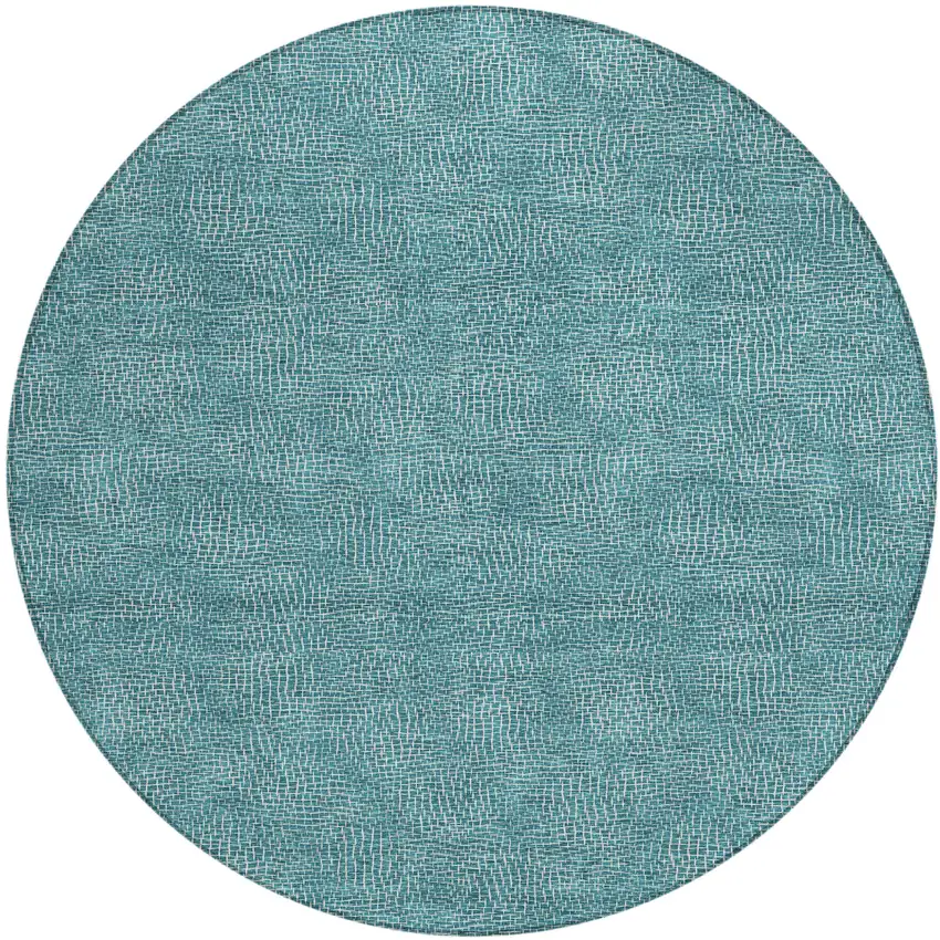 8' Teal Blue And Ivory Round Geometric Washable Indoor Outdoor Area Rug Photo 2