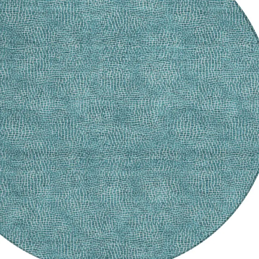 8' Teal Blue And Ivory Round Geometric Washable Indoor Outdoor Area Rug Photo 5