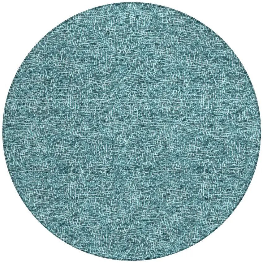 8' Teal Blue And Ivory Round Geometric Washable Indoor Outdoor Area Rug Photo 6