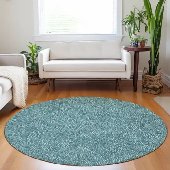 8' Teal Blue And Ivory Round Geometric Washable Indoor Outdoor Area Rug Photo 8