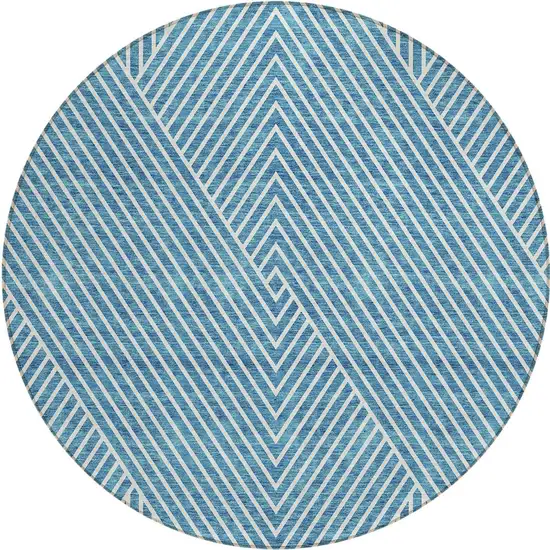 8' Teal Blue And Ivory Round Geometric Washable Indoor Outdoor Area Rug Photo 6
