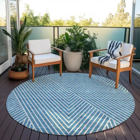 8' Teal Blue And Ivory Round Geometric Washable Indoor Outdoor Area Rug Photo 7