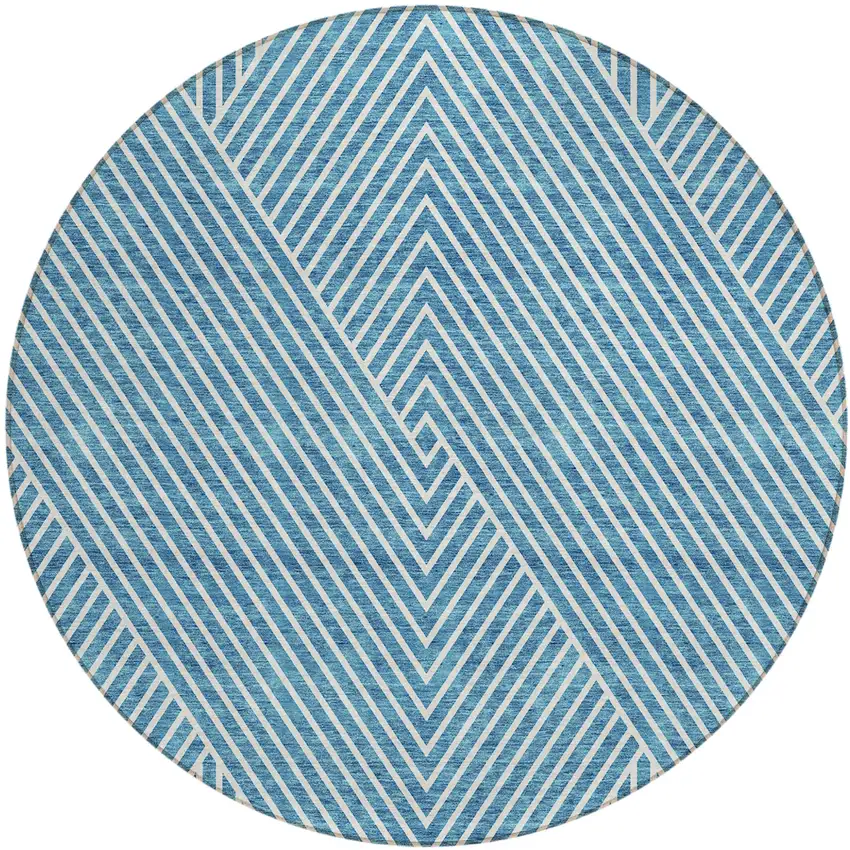 8' Teal Blue And Ivory Round Geometric Washable Indoor Outdoor Area Rug Photo 2