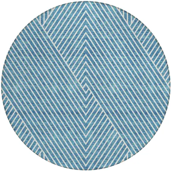 8' Teal Blue And Ivory Round Geometric Washable Indoor Outdoor Area Rug Photo 2