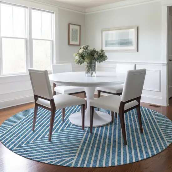 8' Teal Blue And Ivory Round Geometric Washable Indoor Outdoor Area Rug Photo 8