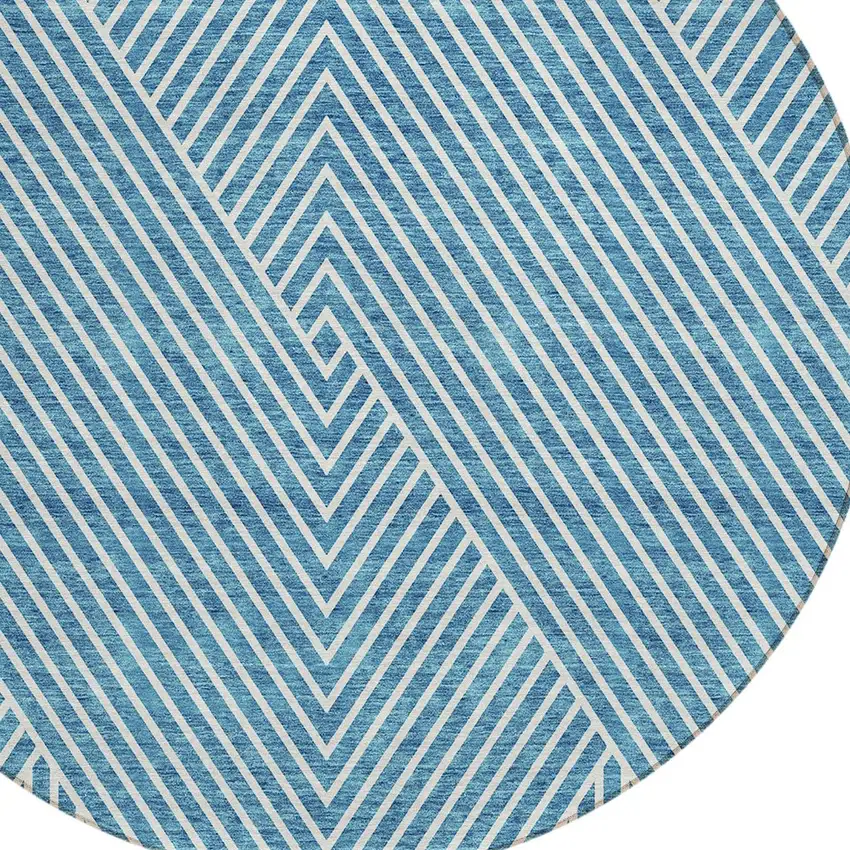 8' Teal Blue And Ivory Round Geometric Washable Indoor Outdoor Area Rug Photo 5