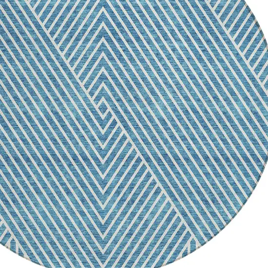 8' Teal Blue And Ivory Round Geometric Washable Indoor Outdoor Area Rug Photo 5