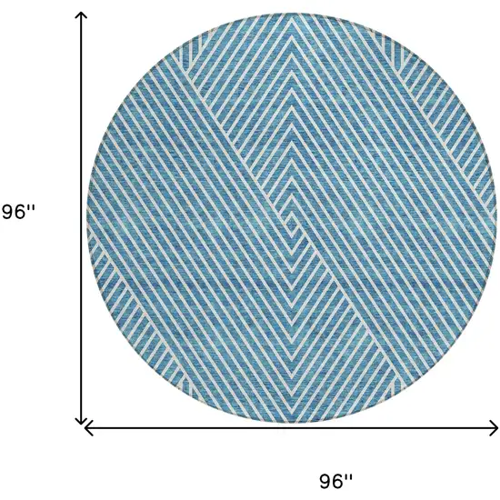 8' Teal Blue And Ivory Round Geometric Washable Indoor Outdoor Area Rug Photo 3