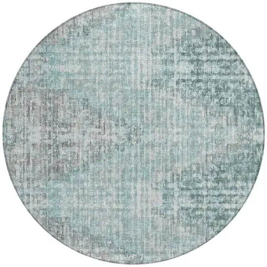 8' Teal Blue And Ivory Round Geometric Washable Indoor Outdoor Area Rug Photo 4