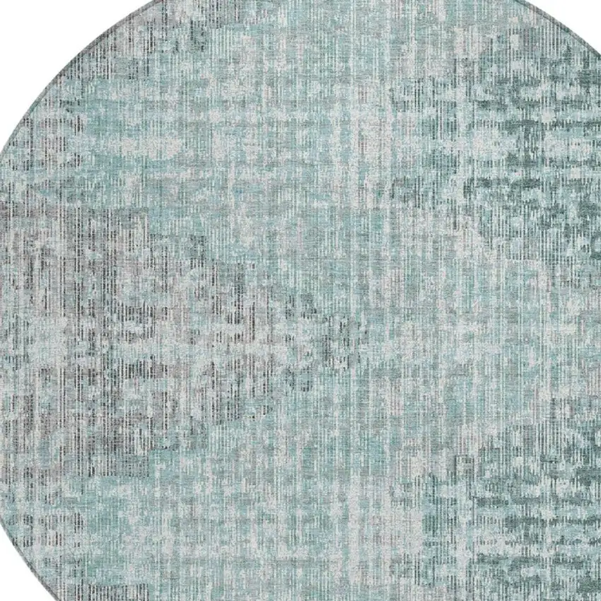 8' Teal Blue And Ivory Round Geometric Washable Indoor Outdoor Area Rug Photo 8