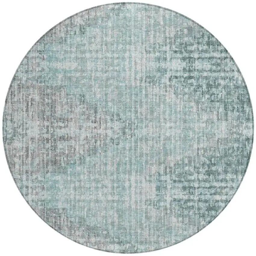 8' Teal Blue And Ivory Round Geometric Washable Indoor Outdoor Area Rug Photo 3