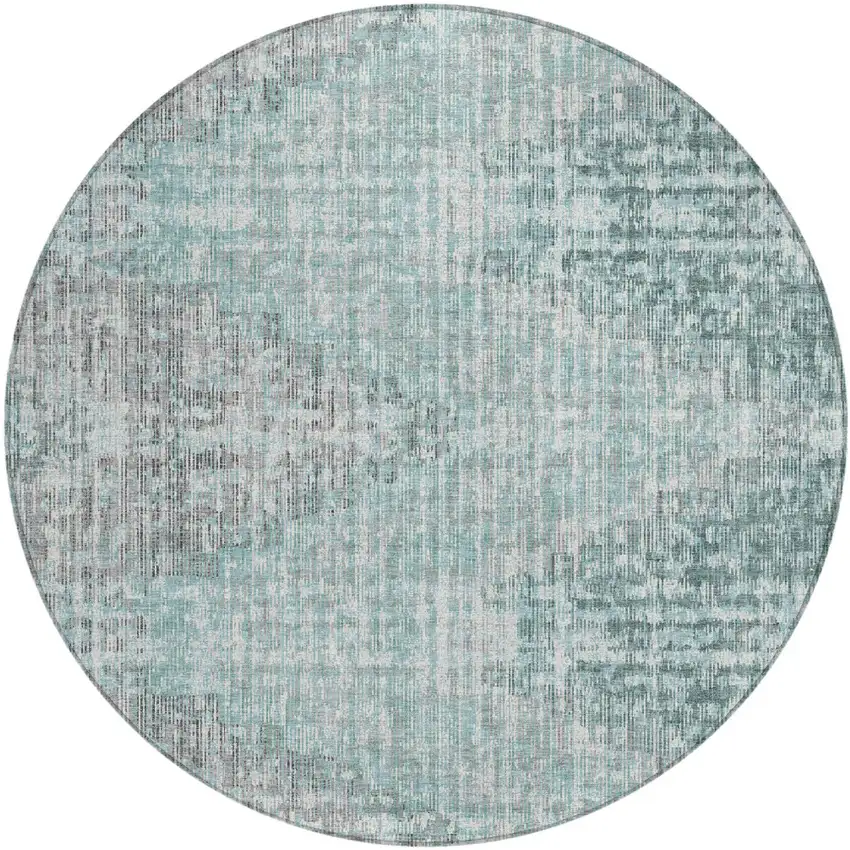 8' Teal Blue And Ivory Round Geometric Washable Indoor Outdoor Area Rug Photo 1