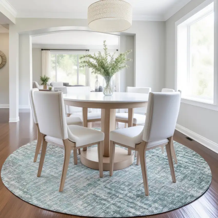 8' Teal Blue And Ivory Round Geometric Washable Indoor Outdoor Area Rug Photo 6