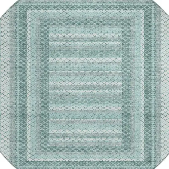 8' Teal Blue And Ivory Round Geometric Washable Indoor Outdoor Area Rug Photo 4