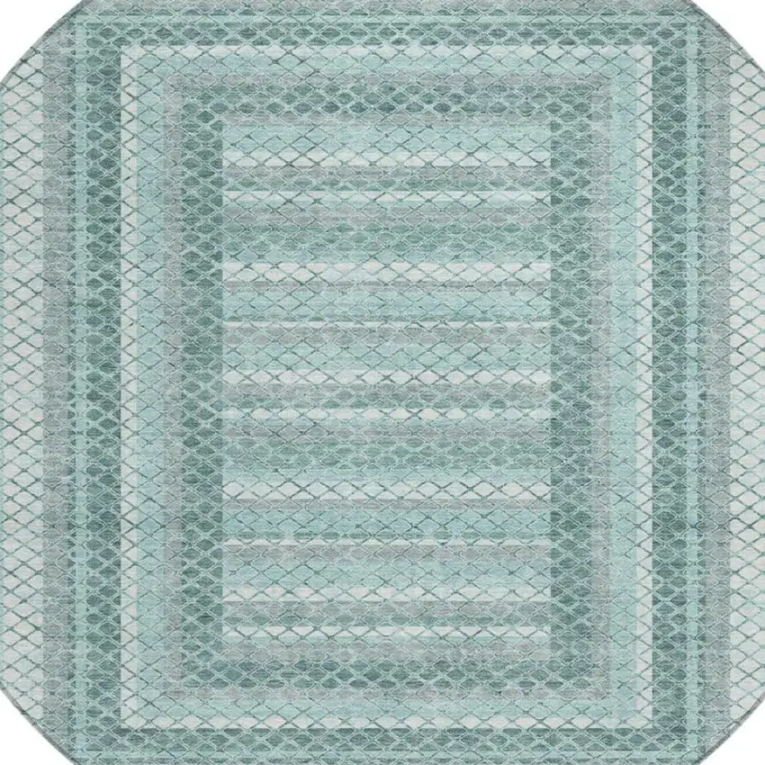 8' Teal Blue And Ivory Round Geometric Washable Indoor Outdoor Area Rug Photo 4