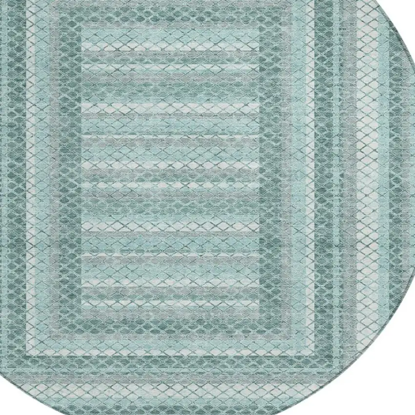 8' Teal Blue And Ivory Round Geometric Washable Indoor Outdoor Area Rug Photo 8
