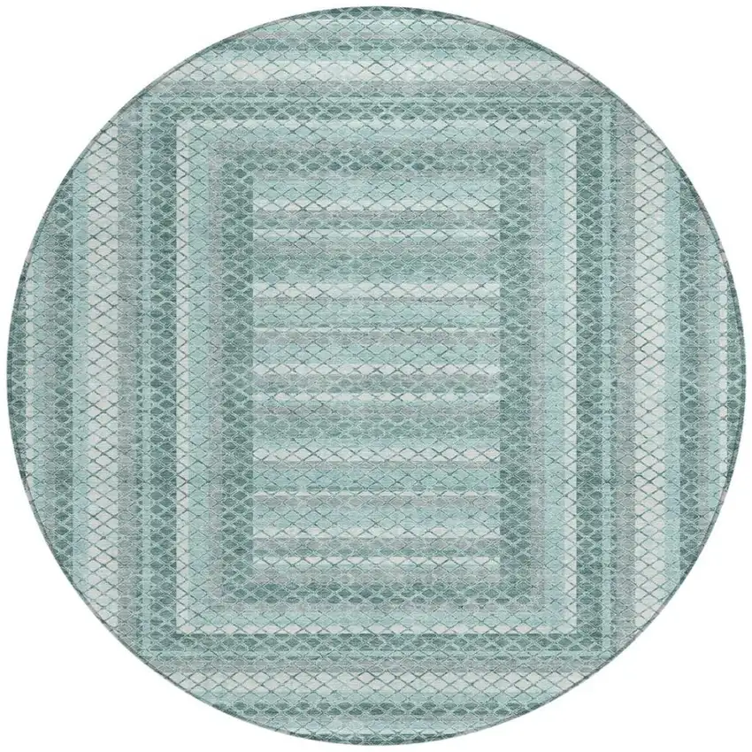 8' Teal Blue And Ivory Round Geometric Washable Indoor Outdoor Area Rug Photo 3