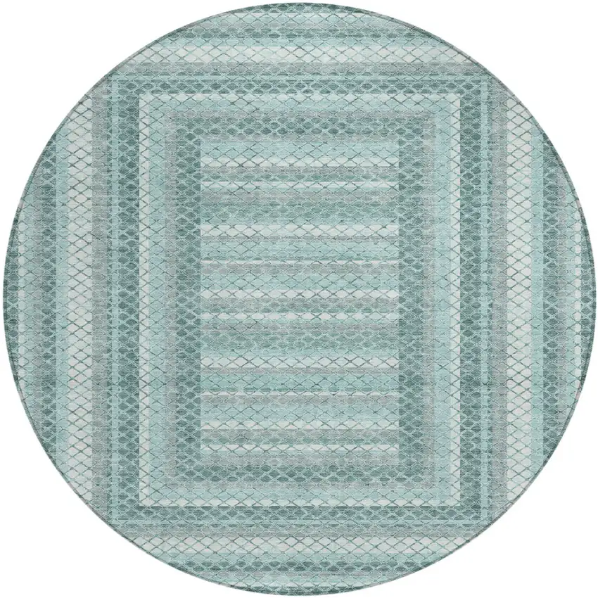 8' Teal Blue And Ivory Round Geometric Washable Indoor Outdoor Area Rug Photo 1