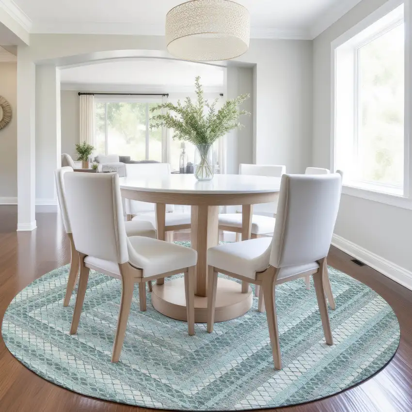 8' Teal Blue And Ivory Round Geometric Washable Indoor Outdoor Area Rug Photo 6